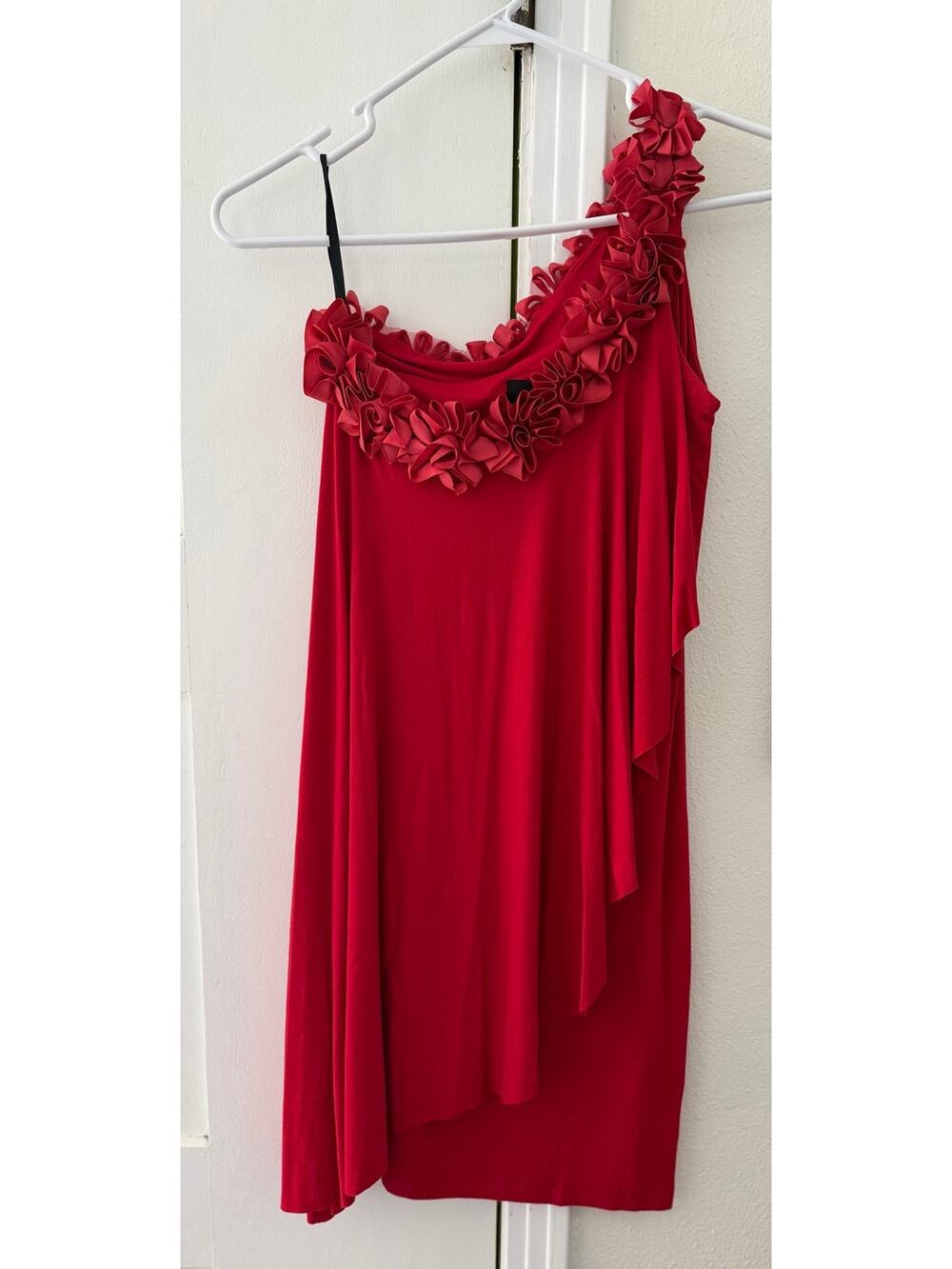 Analili one shoulder bright red mini cocktail dress / drape style floral trim XS